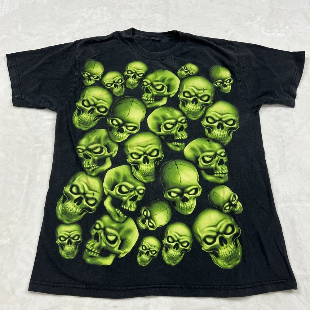 y2k Skull Pile T Shirt Mens L Black Green All Over Print Glow Graphic